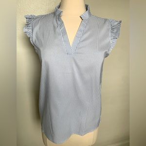 Women's Striped Ruffle Cap Sleeve Notched V Neck Blouse Shirt